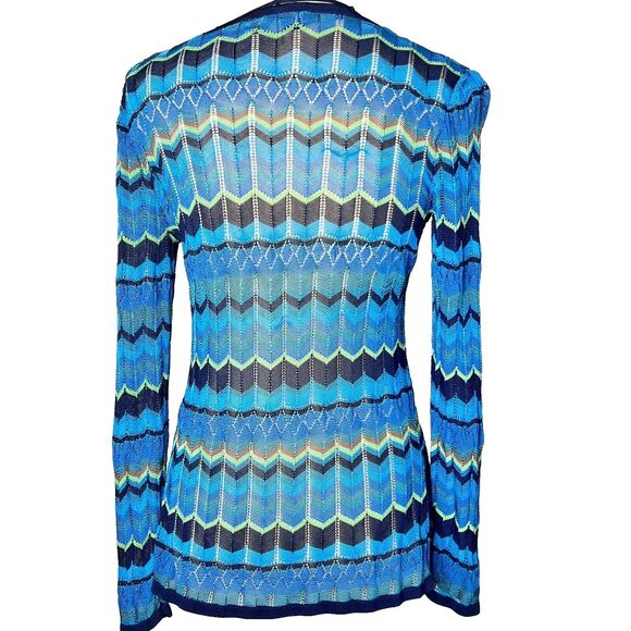 Sigrid Olsen Blue Multicolored Chevron Open Knit Top Sz S Scoop Neck w Accents - Picture 6 of 9